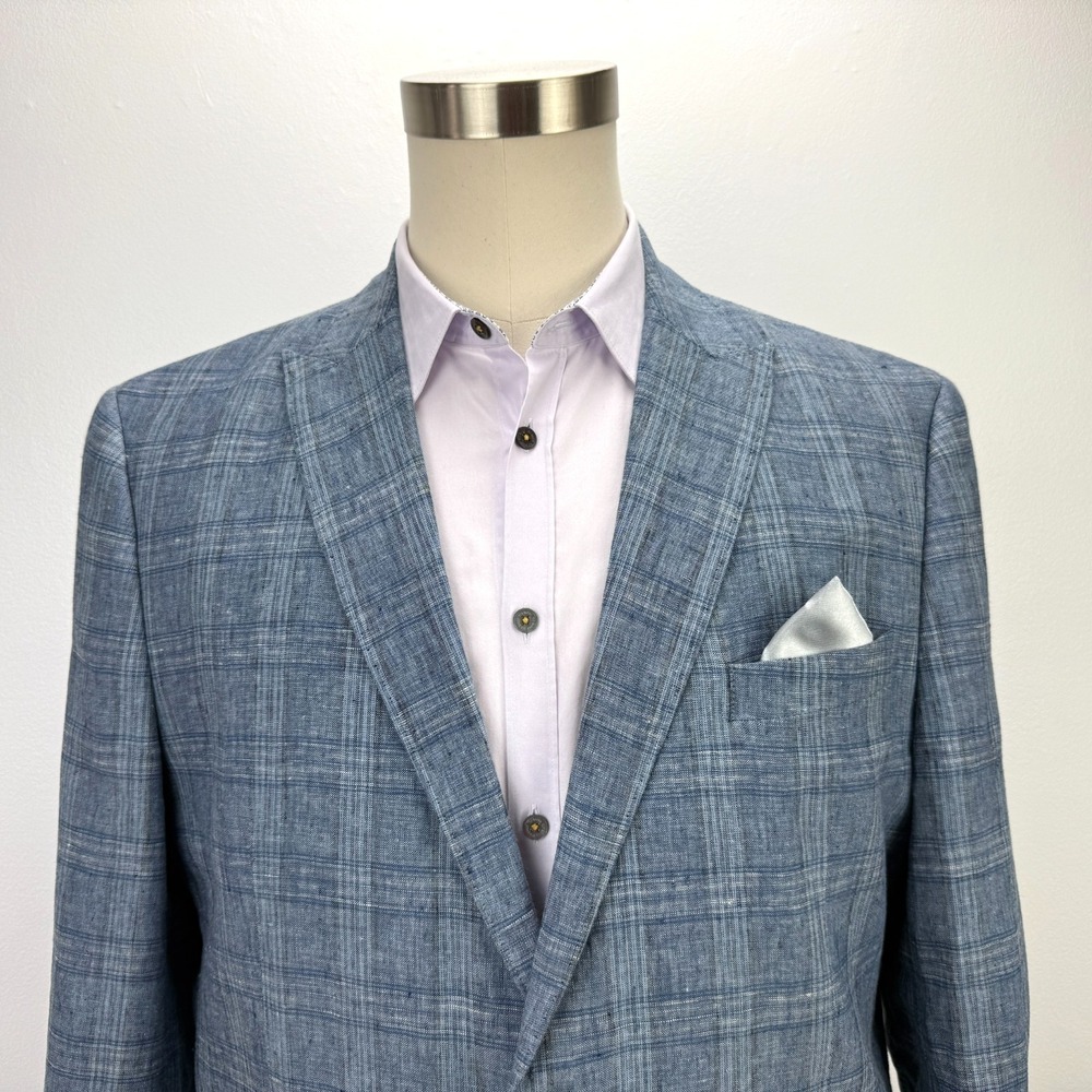 Joseph Abboud Mens 100% Linen Blue Plaid Blazer Jacket XL Preppy 2 Button Casual